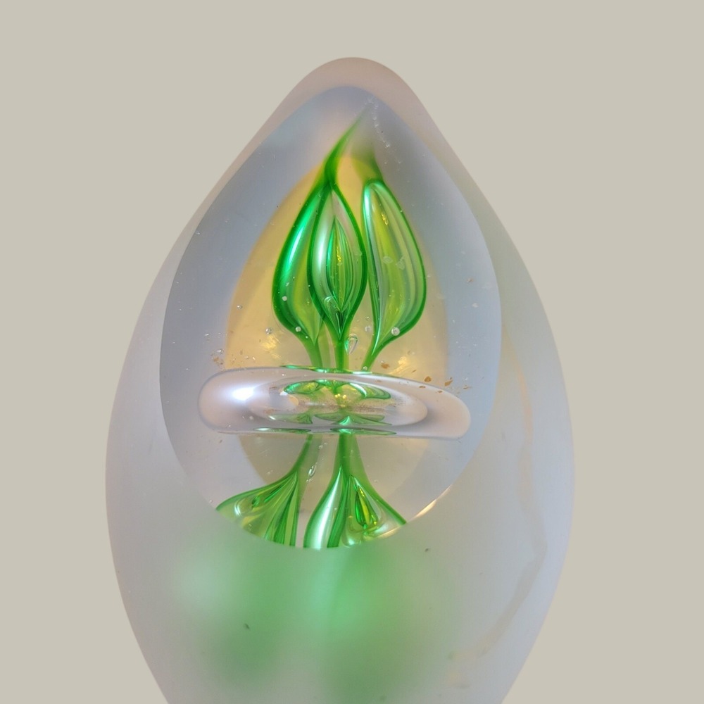 VTG Art Glass Paperweight Modernist Frosted Teardrop Green Abstract Clear